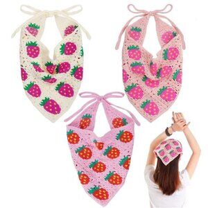 3 Crochet Strawberry Pattern Headscarves – Handmade Summer Bandanas for Women
